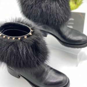 Black Winter Leather Fox Fur Rockstud Ankle Boots